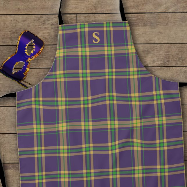 Delantal Oro Verde Púrpura Placa Mardi Gras Tartán Apron (A fun purple, gold & green plaid tartan apron inspired by the colors of Mardi Gras. Add your initial)