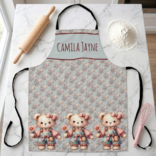 Delantal Osito de peluche de pastel sosteniendo flor con ov