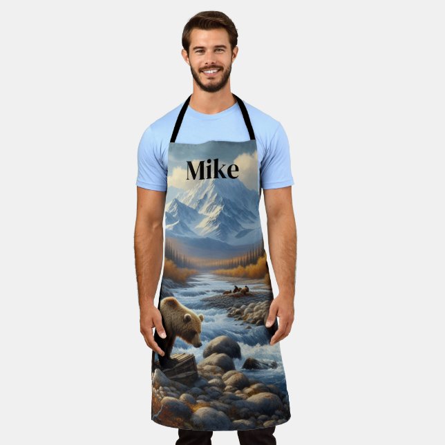 Delantal Oso Grizzly Acuarela junto a Arroyo Hombres Natura (Gastado)