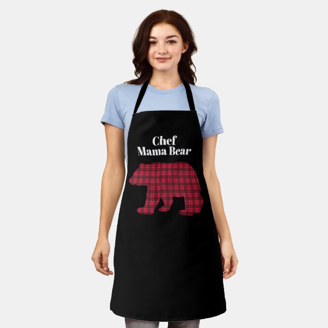 Delantal Oso Mama Chef Plaid de Búfalo Rojo y Negro (Gastado)