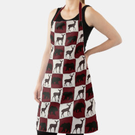 Delantal Oso y ciervo rústicos, plazas rojas y crema oscura