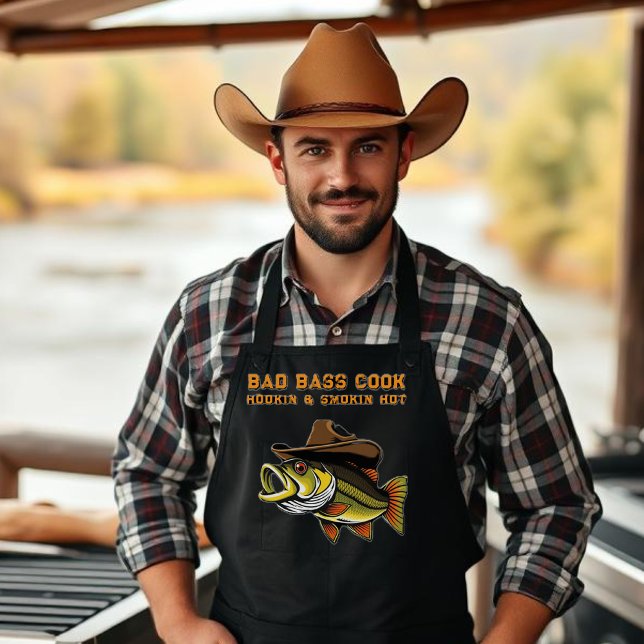 Delantal Padres del Día de los Peces Graciosos usando un Go (Funny Apron for him-Fish with a Cowboy hat-Bass Fish-Fisherman Core-Gifts for Him-Father's Day Gift)