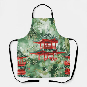 Delantal Pagoda asiática acuarela en paisaje verde (14)