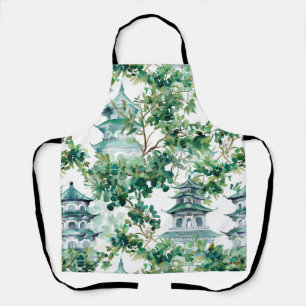 Delantal Pagoda asiática acuarela en paisaje verde (15)