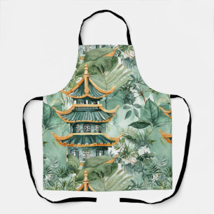 Delantal Pagoda asiática acuarela en paisaje verde (6)