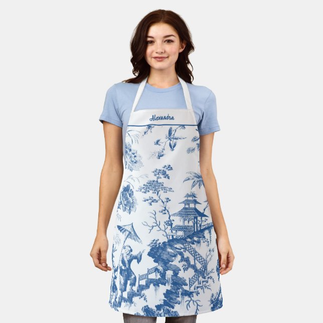 Delantal Pagoda Chinoiserie azul y blanco personalizada (Gastado)