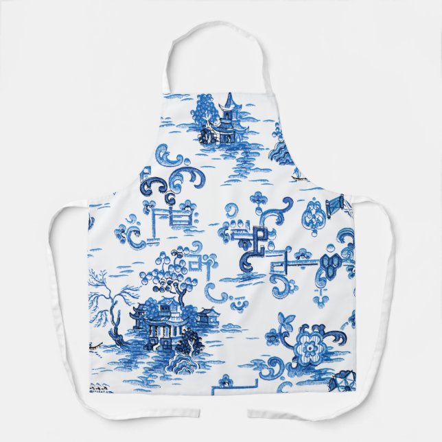 Delantal Pagoserie Chinoiserie clásica azul y blanco (Anverso)