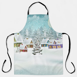 Delantal Paisaje de invierno de aldea con casas cubiertas d