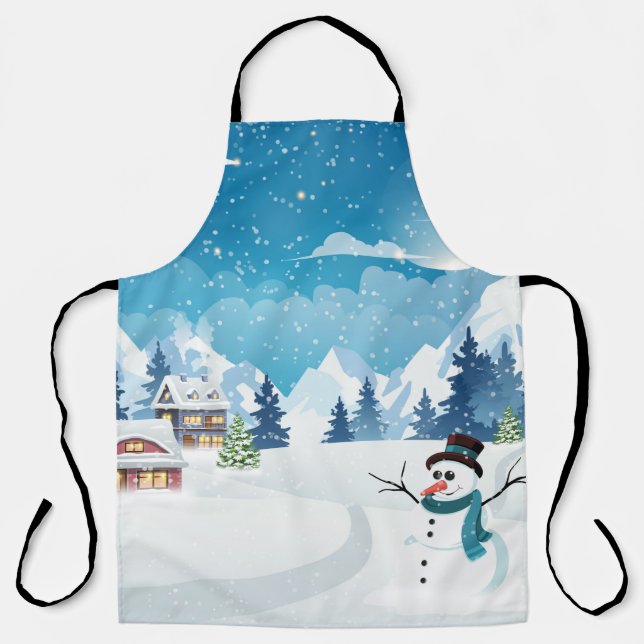 Delantal Paisaje de invierno del pueblo nocturno con cubier (Anverso)