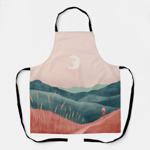 Delantal Paisaje de montaña boho luna rosa teal