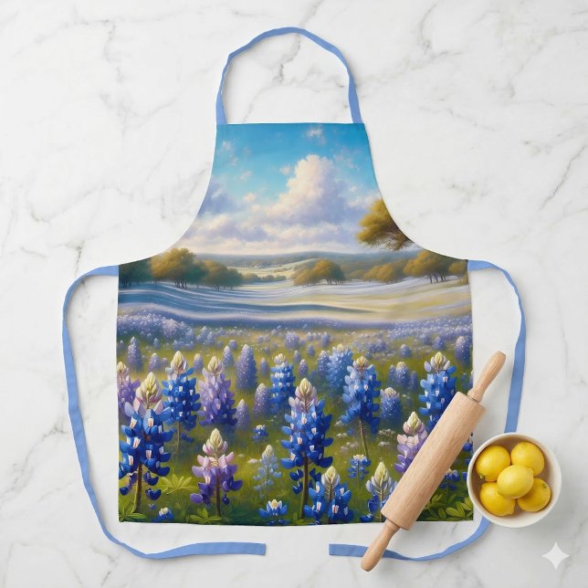 Delantal Paisaje del prado de Bluebonnet de Texas (Texas Bluebonnet Meadow Landscape Apron On Marble Counter)