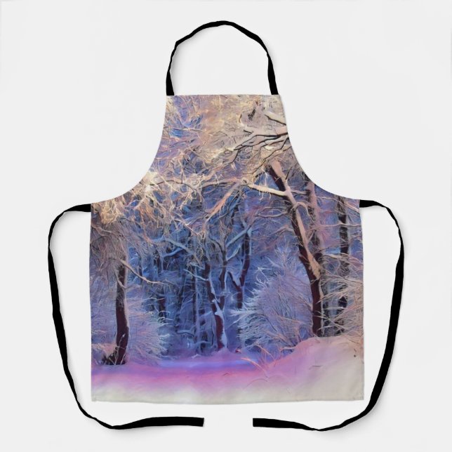 Delantal Paisaje invernal con árboles nevados acuarela (Anverso)