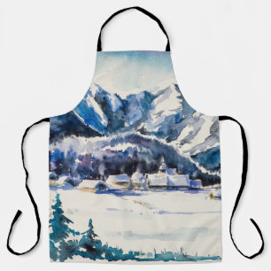 Delantal Paisaje invernal con pueblo de montaña cubierto de