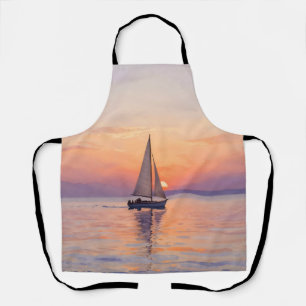 Delantal Paisaje marino al atardecer en acuarela con barco
