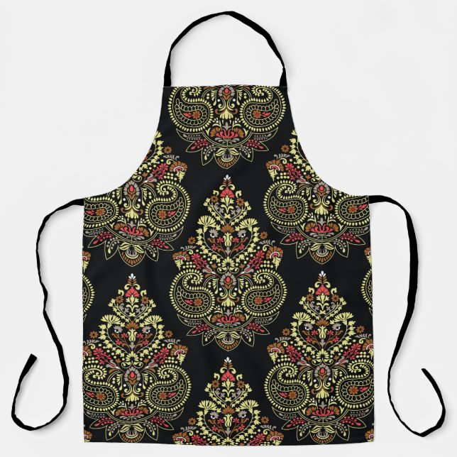 Delantal Paisley indio, fondo geométrico negro (Anverso)