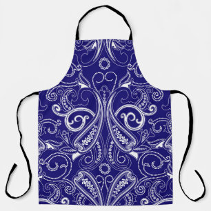 Delantal Paisley monocromo: azul, elegancia blanca.