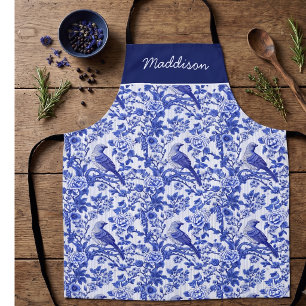 Delantal Pájaro Floral Monograma Chinoiserie Azul