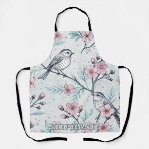 Delantal Pájaros Turquesa Elegantes Flor de Cerezo Rosa