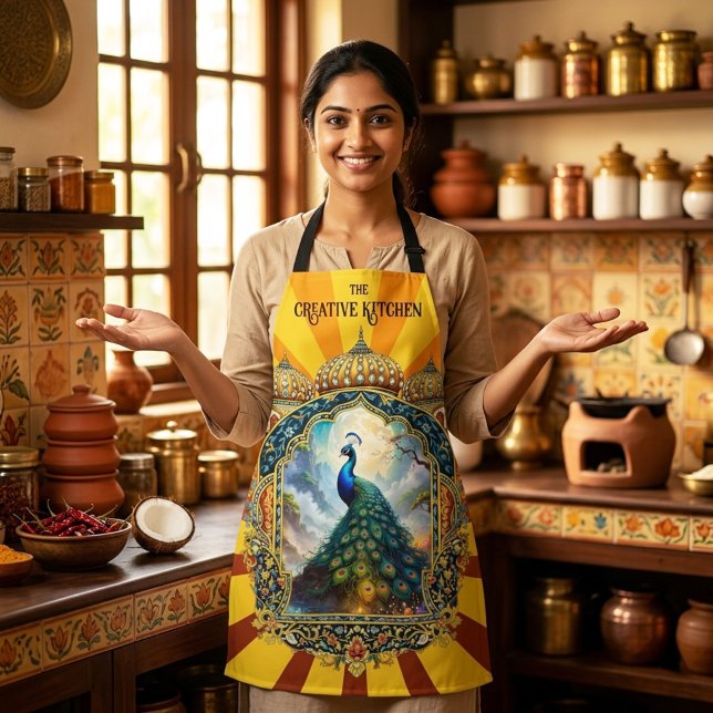 Delantal Palacio Indio Pavo Real Artístico (Artistic Indian cuisine apron with a fantasy peacock design)