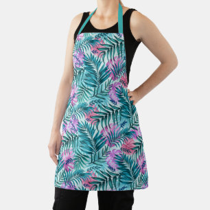 Delantal Palm tropical rosa y Verde azulada y hojas de mons
