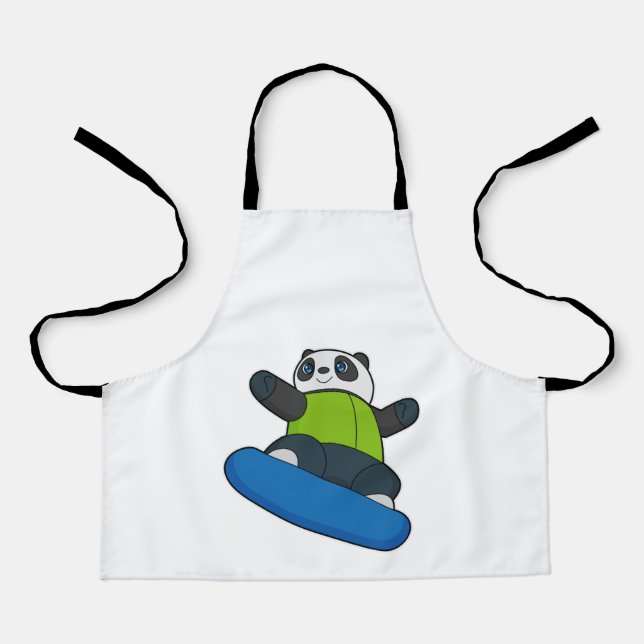 Delantal Panda como snowboard con snowboard (Anverso)