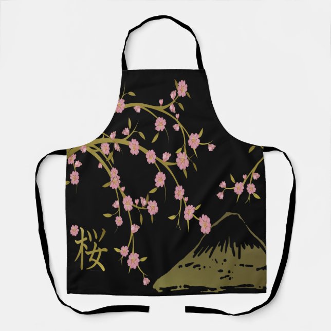 Delantal Pantalla Japonesa Rosa Sakura Dorado Negro (Anverso)