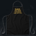Delantal Papa Man Myth Legend Funny Cita Mens Bbq<br><div class="desc">Añade algo de humor al día de tu papá con esta leyenda del mito de papá graciosa cita a Mens Bbq Apron. Está diseñado en un delantal de impresión negro de personalizable. La frase es "papá el hombre el mito la leyenda" en la tipografía de oro. Hace una gran idea...</div>