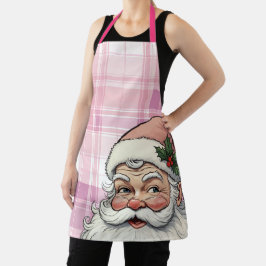 Delantal Papá Noel de cuadros rosados de Navidad