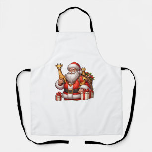 Delantal Papá Noel norteamericano sostiene jirafa en Navida