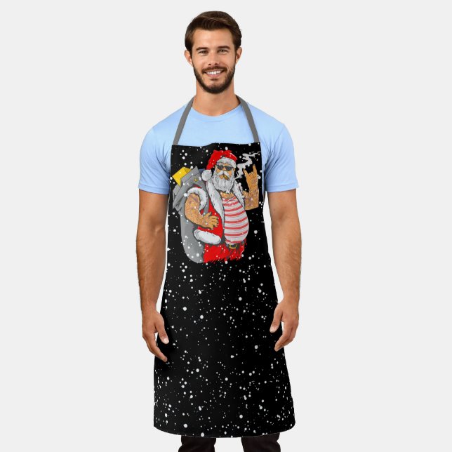 Delantal Papá Noel tatuado con mano de rockero Navidad (Gastado)