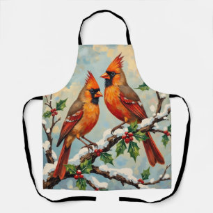 Delantal Pare de cardenales vintage en rama de acebo nevada