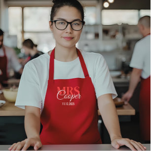 Delantal Pareja de Boda Elegante Nombre Color Marfil Rojo
