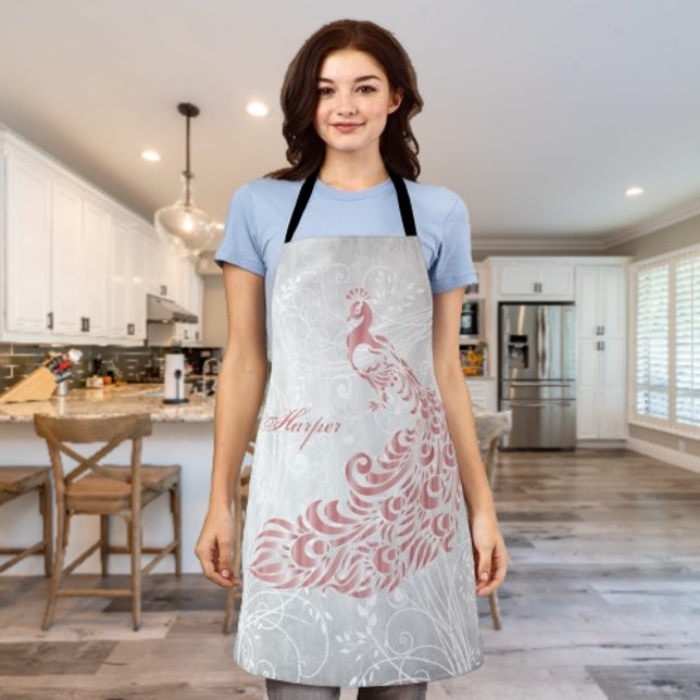 Delantal Paro de impresión personalizado de pavo real rosad (Pink Peacock Personalized Apron)