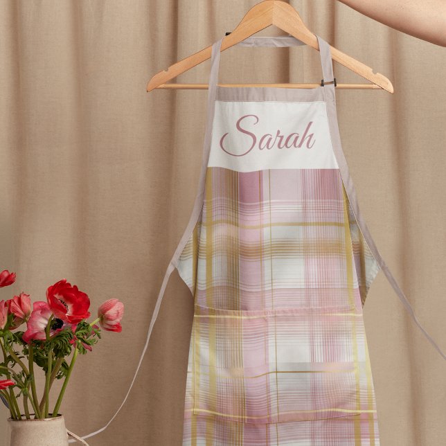 Delantal Pastel Pink & Gold Plaid Custom Name Kitchen Apron (Subido por el creador)