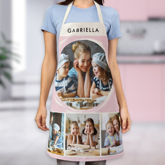 Delantal Pastel Pink Photo Collage Personalized Kitchen (A pink kitchen apron, with four custom photos and personalized name on a cream panel)