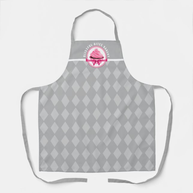 Delantal Pastel rosa Curva Texto Gris Diamante Panadería (Anverso)