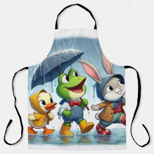 Delantal Pato lindo, rana, conejito bajo la lluvia