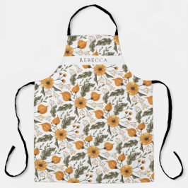 Delantal Patrón botánico floral Blanco Dorado Nombre person