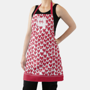 Delantal Patrón cardíaco de San Valentín rojo monograma