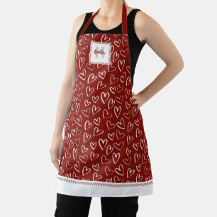 Delantal Patrón cardíaco de San Valentín rojo monograma