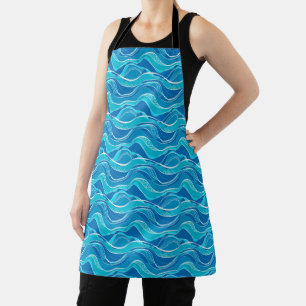 Delantal Patrón con olas azules con un patrón tribal blanco