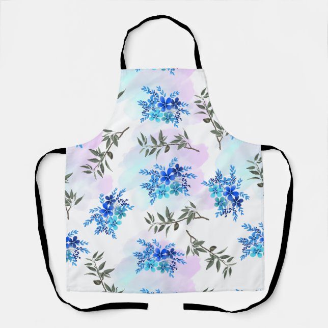 Delantal patrón con ramo azul de flores y hojas (Anverso)