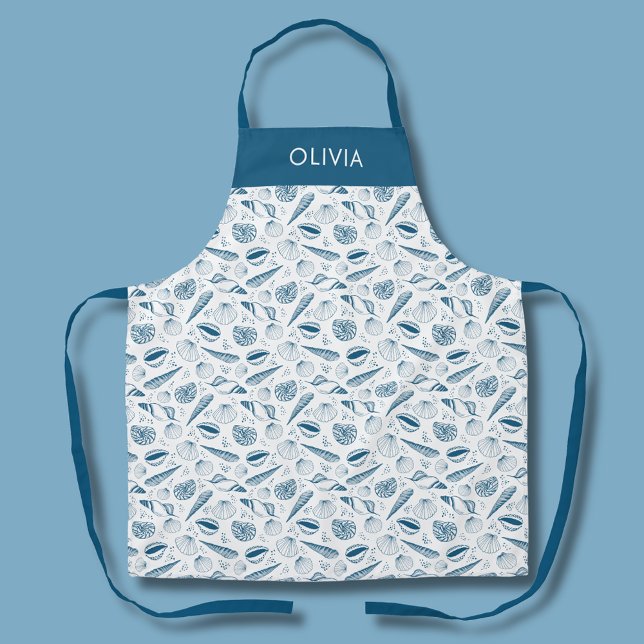 Delantal Patrón costero de las marismas azules (Blue and white coastal seashell personalized kitchen apron)