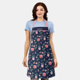 Delantal Patrón de acuarela floral azul de la marina rosa P