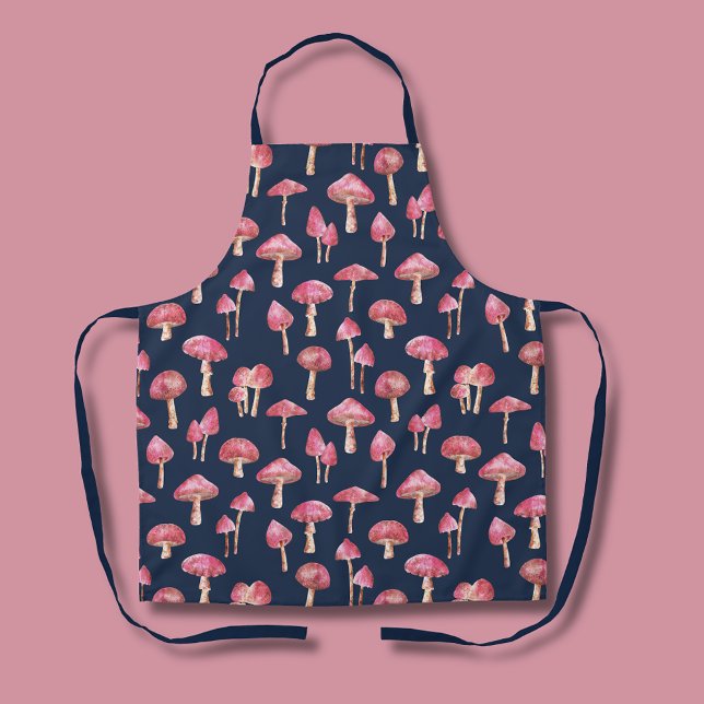 Delantal Patrón de acuarela para hongos (Pink mushroom patterned navy blue kitchen apron.)