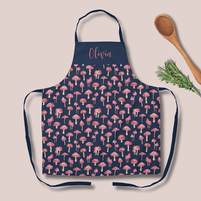 Delantal Patrón de acuarela para hongos (Pink mushroom cottagecore kitchen apron on navy.  Personalize with your own name or text.)