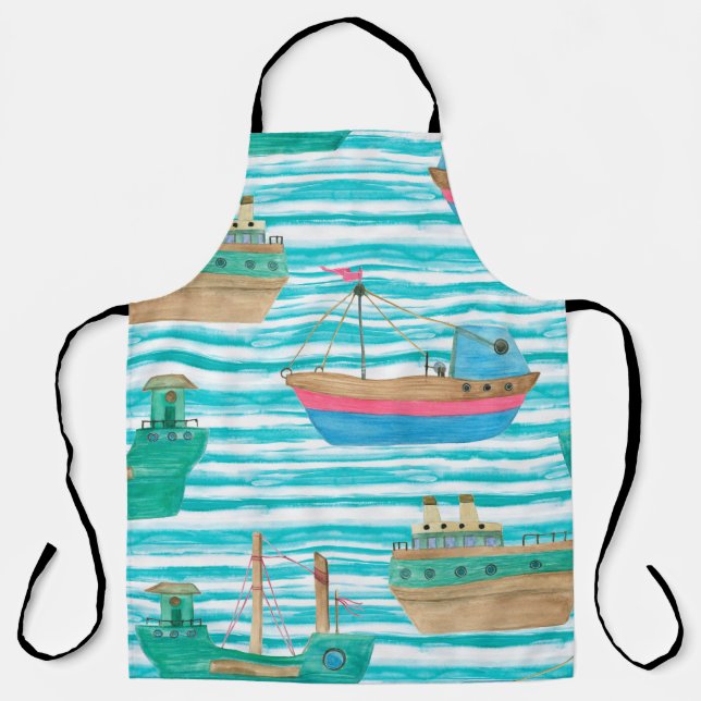 Delantal Patrón de acuarela sin fisuras con embarcaciones e (Anverso)
