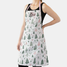Delantal Patrón de árbol de Navidad rosa y verde personaliz