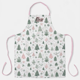 Delantal Patrón de árbol de Navidad rosa y verde personaliz