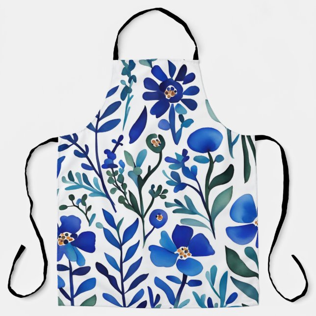 Delantal Patrón de arte acuarela de las flores azules (Anverso)